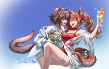 Rule 34 | 2girls, angelina (arknights), angelina (summer flower) (arknights), animal ears, arknights, artist name, bikini, black collar, breasts, brown hair, character request, chibi, collar, commentary, covered navel, cup, dankashu, drinking glass, drinking straw, english commentary, food, fox ears, fox girl, fox tail, fruit, halterneck, hand on another's hip, highres, holding, holding cup, hurricane glass, impossible clothes, impossible sweater, infection monitor (arknights), long hair, looking at another, medium breasts, multiple girls, off shoulder, official alternate costume, one-piece swimsuit, orange (fruit), orange slice, otter ears, otter girl, otter tail, red one-piece swimsuit, roberta (arknights), roberta (summer flowers) (arknights), short hair, sweater, swimsuit, swimsuit cover-up, tail, thigh strap, white bikini, yuri