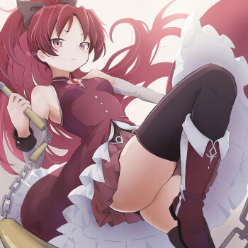 Rule 34 | black bow, black thighhighs, boots, bow, commentary request, dress, gem, hair bow, highres, holding, holding weapon, looking at viewer, mahou shoujo madoka magica, mahou shoujo madoka magica (anime), peke peke s, ponytail, red boots, red dress, red eyes, red gemstone, red hair, sakura kyoko, sakura kyoko (magical girl), sleeveless, sleeveless dress, thighhighs, twitter username, weapon
