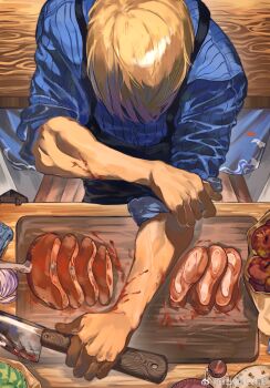 1boy apple apron bag black_apron blonde_hair blood blood_on_arm blue_shirt bone commentary cutting cutting_board food from_above fruit head_down highres knife male_focus meat mrjieshisu one_piece ribbed_shirt sanji_(one_piece) shirt short_hair sleeves_rolled_up symbol-only_commentary veins veiny_arms