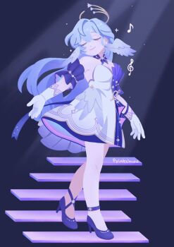 1girl absurdres blue_hair breasts cleavage closed_eyes commentary contrapposto dress english_commentary floating_stairs gloves halo head_wings high_heels highres honkai:_star_rail honkai_(series) large_breasts light_blue_hair long_hair musical_note paintchuu purple_footwear robin_(honkai:_star_rail) signature smile solo stairs treble_clef white_dress white_gloves wings
