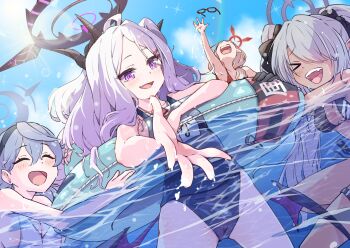 Rule 34 | 3girls, 4girls, ako (blue archive), bikini, blue archive, breasts, chinatsu (blue archive), hair over one eye, halo, highres, hina (blue archive), hina (swimsuit) (blue archive), iori (blue archive), iori (swimsuit) (blue archive), large breasts, long hair, medium breasts, mosuke1221, multiple girls, one-piece swimsuit, prefect team (blue archive), purple eyes, school swimsuit, small breasts, swim ring, swimsuit