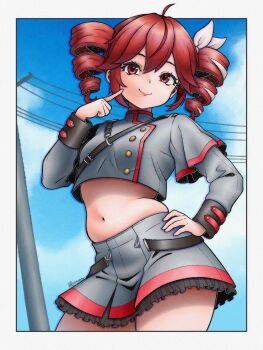 1girl absurdres ahoge antilerhour artist_name cloud cloudy_sky commentary cropped_jacket day drill_hair english_commentary frilled_skirt frills grey_jacket hair_ribbon hand_on_own_hip highres jacket kasane_teto kasane_teto_(sv) looking_at_viewer miniskirt navel red_eyes red_hair red_skirt ribbon skirt sky smile solo standing synthesizer_v twin_drills utau utility_pole