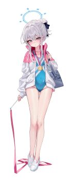 1girl absurdres alternate_costume alternate_hairstyle bag blue_archive blue_leotard blush closed_mouth commentary covered_navel full_body grey_hair hair_between_eyes halo highres jacket kerno leotard long_sleeves looking_at_viewer medal miyako_(blue_archive) open_clothes open_jacket purple_eyes shoes simple_background solo standing white_background white_shoes