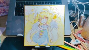 Rule 34 | 1girl, animal ear piercing, art tools in frame, artist request, blonde hair, blue tabard, blush, bow, breasts, cat on chest, chen, chen (cat), colored pencil (medium), commentary request, commission, dress, green hat, hands up, hat, highres, huge breasts, kitsune, kyuubi, long sleeves, looking at viewer, mob cap, multiple tails, open mouth, photo (medium), short hair, sleeves past wrists, solo, tabard, tail, touhou, traditional media, upper body, white dress, white hat, yakumo ran, yellow bow, yellow eyes