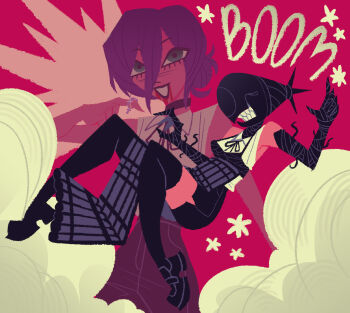 1girl alternate_form apron black_apron black_choker black_gloves black_ribbon black_shoes black_thighhighs bomb_devil_(chainsaw_man) chainsaw_man choker dynamite elbow_gloves english_text explosion explosive full_body gloves green_eyes grenade_pin hair_between_eyes highres loafers multiple_views neck_ribbon nokonyu object_head red_background reze_(chainsaw_man) ribbon shoes sleeveless smile teeth thighhighs