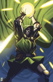 1boy acecore2k armor arms_up blue_eyes cape commentary doctor_doom energy_ball english_commentary fantastic_four floating_cape floating_clothes full_armor green_cape green_hood green_tunic highres hood hood_up hooded_cape looking_at_viewer male_focus marvel mask metal_mask muscular muscular_male one_eye_in_shadow solo tunic