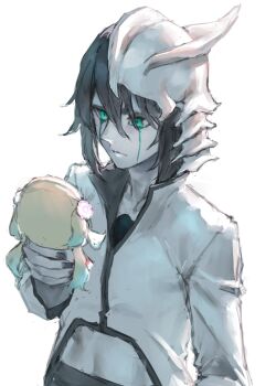 1boy black_hair bleach character_doll doll espada facial_mark green_eyes highres holding holding_doll hole_in_chest hole_on_body hollow_hole hollow_mask jacket link!_like!_love_live! love_live! male_focus osawa_rurino saidamoosu simple_background solo ulquiorra_cifer upper_body virtual_youtuber white_background white_jacket