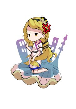 1girl anger_vein barefoot blonde_hair breasts chibi chibi_only clam commentary_request dairi dress frilled_dress frilled_sleeves frills full_body hand_up kneeling large_variant_set long_hair short_sleeves side_slit simple_background solo tachi-e touhou transparent_background variant_set very_long_hair watari_nina white_dress yellow_eyes