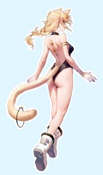 1girl animal_ears armlet ass backless_leotard bare_arms bare_back bare_legs bare_shoulders black_leotard blonde_hair blue_background blue_eyes boots braid breasts cat_ears cat_girl cat_tail commentary from_behind gold_armlet highres jewelry kaneko_lumi leotard long_hair looking_at_viewer looking_back medium_breasts mn374390 outline phase_connect shoulder_blades simple_background single_braid solo tail virtual_youtuber white_boots white_outline