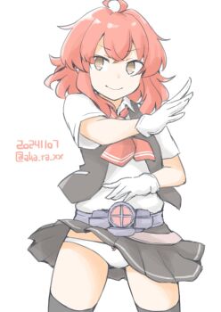 1girl ahoge akara_kai arashi_(kancolle) ascot asymmetrical_hair belt black_vest blush breasts brown_eyes dated gloves grey_thighhighs highres kamen_rider kantai_collection kerchief long_hair looking_at_viewer messy_hair neck_ribbon neckerchief panties pleated_skirt red_ascot red_hair ribbon school_uniform shirt short_hair short_sleeves simple_background skirt smile solo thighhighs twitter_username underwear vest white_gloves white_panties white_shirt