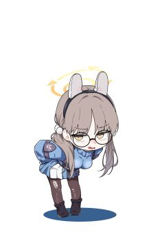 1girl 686panda absurdres black-framed_eyewear black_boots blue_archive blue_skirt blue_sweater boots breasts brown_eyes brown_hair brown_pantyhose chibi colored_shadow full_body glasses halo headgear highres large_breasts leaning_forward long_hair long_sleeves low_twintails moe_(blue_archive) pantyhose pleated_skirt puffy_long_sleeves puffy_sleeves round_eyewear shadow simple_background skirt solo standing sweater torn_clothes torn_pantyhose turtleneck turtleneck_sweater twintails very_long_hair white_background