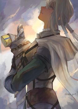 Rule 34 | 1boy, armor, bedivere (fate), blonde hair, blue eyes, cape, chest plate, excalibur (fate/stay night), fate/grand order, fate (series), gauntlets, highres, holding, holding sword, holding weapon, long hair, looking up, ma go8, male focus, profile, sky, solo, sword, twintails, upper body, weapon, white cape