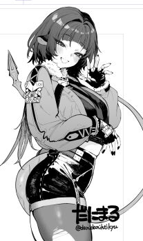 1girl :d animal_ears ass blunt_bangs blush breasts commentary cowboy_shot crop_top cropped_jacket danimaru facing_to_the_side fingerless_gloves fur-trimmed_jacket fur_trim gloves gradient_hair greyscale hair_intakes high-waist_shorts jacket jane_doe_(zenless_zone_zero) long_hair long_sleeves looking_at_viewer medium_breasts midriff monochrome mouse_ears mouse_girl mouse_tail multicolored_hair nail_polish open_mouth short_shorts shorts smile solo standing symbol-only_commentary tail thighhighs torn_clothes torn_thighhighs twitter_username very_long_hair waving white_background zenless_zone_zero zettai_ryouiki