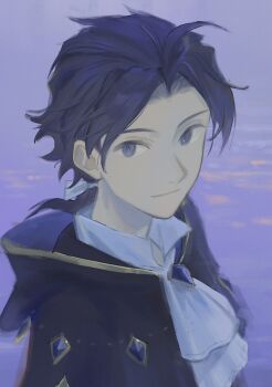 1boy ascot black_robe blue_eyes closed_mouth collared_shirt curtained_hair cyrus_albright fujie_xy highres hood hood_down hooded_robe looking_to_the_side male_focus octopath_traveler octopath_traveler_i parted_bangs robe shirt sideways_glance smile solo upper_body white_ascot white_shirt wing_collar