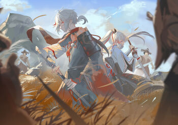 1boy 1girl armor asymmetrical_sleeves ayaka_(genshin_impact) back-to-back bandaged_hand bandages black_armor black_scarf black_skirt blue_eyes blue_jacket blue_sky blunt_tresses blurry chinese_knot commentary day depth_of_field english_commentary flower_knot from_side genshin_impact grass hair_over_mouth hair_ribbon high_ponytail holding holding_sword holding_weapon ilumiarts jacket japanese_armor japanese_clothes kaedehara_kazuha kamisato_clan_(emblem) katana kusazuri long_hair long_sleeves looking_at_another multicolored_hair outdoors people pink_ribbon ponytail red_eyes red_hair ribbon scarf sheath short_sleeves shoulder_armor single_sode skirt sky sode streaked_hair sword tassel tress_ribbon uneven_sleeves unsheathing weapon white_hair wide_sleeves