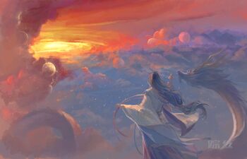 1boy above_clouds bell black_hair chinese_commentary cloud dragon eastern_dragon facing_away feet_out_of_frame from_behind hakama highres holding holding_bell japanese_clothes jingle_bell kagura_suzu kariginu long_hair long_sleeves low-tied_long_hair male_focus onmyoji planet red_hakama robe sky sky_focus solo standing sunset susabi_(onmyoji) very_long_hair white_robe wide_sleeves zongsi600