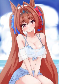 1girl animal_ears bare_shoulders bikini bikini_skirt blue_bikini blush breasts brown_hair cleavage closed_mouth cloud collarbone commentary daiwa_scarlet_(umamusume) hair_between_eyes hair_intakes highres horse_ears horse_girl large_breasts long_hair looking_at_viewer masaki_r2 navel ocean outdoors red_eyes sky smile solo stomach swimsuit tiara twintails umamusume very_long_hair water