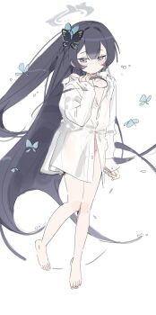 1girl barefoot black_hair blue_archive blue_eyes blush bug butterfly butterfly_hair_ornament collared_shirt full_body hair_down hair_ornament halo insect kisaki_(blue_archive) loli long_hair looking_at_viewer looking_to_the_side nemo_(leafnight) see-through_clothes see-through_shirt shirt solo white_background