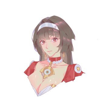 1girl astra_yao black_hair breasts bright_pupils chinese_commentary cleavage closed_mouth commentary_request cropped_torso earrings hairband highres jewelry kumu_feng_chun large_breasts light_blush long_hair looking_at_viewer portrait red_eyes simple_background white_background white_hairband white_pupils zenless_zone_zero