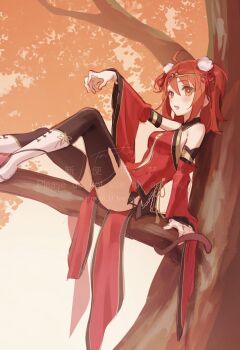 1girl ahoge arm_up autumn_leaves bare_shoulders black_thighhighs blush boots breasts chinese_clothes circlet cosplay detached_sleeves dress fate/grand_order fate_(series) flower fomnant fujimaru_ritsuka_(female) fujimaru_ritsuka_(female)_(the_three_great_heroes) hair_flower hair_ornament highres in_tree knees_up leaf medium_breasts monkey_tail official_alternate_costume open_mouth orange_eyes orange_hair red_dress short_hair sitting sitting_in_tree sleeveless sleeveless_dress solo sun_wukong sun_wukong_(cosplay) tail thighhighs tree two_side_up white_boots wide_sleeves