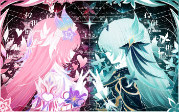 2girls absurdres black_capelet breasts capelet cyrene_(demiurge)_(honkai:_star_rail) cyrene_(honkai:_star_rail) dress firefly_(honkai:_star_rail) flower grey_hair hair_flower hair_ornament heart highres honkai:_star_rail honkai_(series) large_breasts long_hair multicolored_hair multiple_girls multiple_views pink_hair qingcichuan star_(sky) starry_sky_background two-tone_hair very_long_hair watermark white_dress white_hair