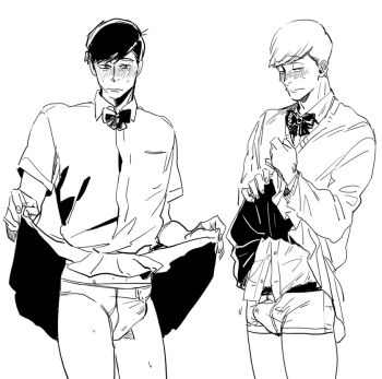 Rule 34 | 2boys, atsushi (osomatsu-san), blush, boxers, bulge, clothes lift, crossdressing, crossdressing (mtf), denzou (50021106), embarrassed, erection, erection under clothes, hands on own chest, looking at viewer, male focus, male underwear, matsuno karamatsu, multiple boys, osomatsu-san, osomatsu (series), sanpaku, shirt lift, underwear, white male underwear