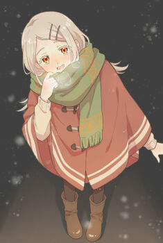 1girl absurdres adjusting_scarf black_pantyhose blonde_hair blush boots brown_boots brown_sweater colored_eyelashes commentary_request flipped_hair foreshortening full_body gakuen_idolmaster green_scarf hair_ornament hairclip hand_up highres idolmaster long_hair long_sleeves looking_at_viewer open_mouth orange_eyes pantyhose parallel_hairclips parted_bangs prototype_design puff_of_air red_poncho runny_nose scarf shinosawa_hiro snot snowing solo soonanoka9 standing sweater