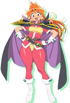 Rule 34 | 1girl, absurdres, armor, bandeau, belt, boots, breasts, cape, commentary, commission, earrings, fang, fujii shingo, full body, gem, gloves, hands on own hips, headband, highres, jewelry, lina inverse, long hair, looking at viewer, orange hair, panties, red tunic, shoulder armor, skeb commission, slayers, solo, thick thighs, thighs, tunic, two-tone cape, underwear, v-shaped eyebrows, white boots, wide hips, yellow bandeau, yellow panties