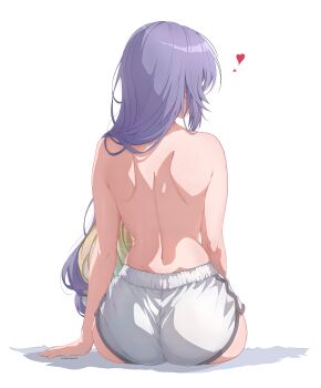 Rule 34 | 1girl, absurdres, ass, ass focus, back, bare back, colored inner hair, dolphin shorts, from behind, gradient hair, highres, hololive, hololive indonesia, horisu (kholiskun), long hair, moona hoshinova, multicolored hair, purple hair, shorts, sitting, skindentation, solo, starry hair, topless female, virtual youtuber, wide hips