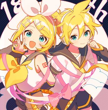 1boy 1girl 4_(nakajima4423) :d anniversary arm_tattoo arm_warmers bare_shoulders black_sailor_collar black_shorts blonde_hair blush bow brother_and_sister closed_mouth commentary_request cowboy_shot dot_nose double-parted_bangs green_eyes hair_between_eyes hair_ornament hair_ribbon hairclip hand_up headset kagamine_len kagamine_rin looking_at_viewer neckerchief necktie number_tattoo open_mouth parallel_hairclips parted_bangs pink_bow ribbon sailor_collar shirt short_hair short_sleeves shorts siblings sleeveless sleeveless_shirt smile tattoo twins twitter_username vocaloid white_ribbon white_shirt yellow_neckerchief yellow_necktie