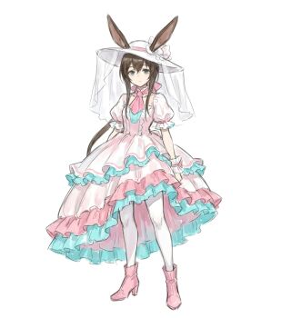 1girl absurdres amiya_(arknights) animal_ears apron arknights blue_eyes boots brown_hair commentary dress english_commentary frilled_dress frills hat high_heels highres looking_at_viewer muchdoge non-web_source pantyhose pink_apron pink_boots pink_dress puffy_short_sleeves puffy_sleeves rabbit_ears short_sleeves sidelocks sketch solo sun_hat weimao white_background white_hat white_pantyhose
