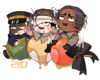 3boys anger_vein bandaged_head bandages black_boots black_hair black_ribbon blue_coat blush_stickers boots brown_cloak brown_coat brown_gloves brown_hair buttons cloak coat commentary_request dango dark-skinned_male dark_skin dot_nose double-breasted facial_hair facial_scar food gloves goatee_stubble golden_kamuy hair_slicked_back hat highres holding holding_scissors kepi koito_otonoshin looking_down looking_up ma9l4raa male_focus military_hat military_uniform multiple_boys ogata_hyakunosuke open_mouth peaked_cap ribbon scar scar_on_cheek scar_on_face scissors sharp_teeth short_hair simple_background star_(symbol) stubble sweat teeth tsukishima_hajime wagashi white_background