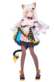 1girl absurdres animal_ear_fluff animal_ears bell black_pantyhose bow bow_panties breasts breasts_out cat_ears cat_girl cat_hair_ornament cat_tail closed_mouth clothes_lift clothes_pull detached_collar dress dress_lift dress_pull frilled_dress frills full_body hair_ornament highres jingle_bell large_breasts lifting_own_clothes linhangwei long_hair looking_at_viewer mary_janes neck_bell nipples off-shoulder_dress off_shoulder orange_eyes original panties pantyhose pantyhose_pull pulling_own_clothes shoes simple_background smile solo standing tail tail_bow tail_ornament underwear white_background white_dress white_hair white_panties yellow_bow