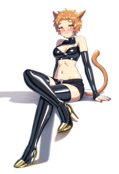 Rule 34 | 1girl, alten, animal ears, barcode, barcode tattoo, black boots, black nails, black shorts, black sleeves, blush, boots, breasts, cat ears, cat girl, cat tail, cleavage, cleavage cutout, clothing cutout, crop top, detached sleeves, facial mark, final fantasy, final fantasy xiv, fingernails, full body, high heel boots, high heels, highres, medium breasts, midriff, miqo'te, navel, nose blush, number tattoo, orange hair, photaba (cynicalcrit), pubic tattoo, short hair, short shorts, shorts, sitting, sleeveless, solo, stiletto heels, tail, tattoo, thigh boots, very short hair, warrior of light (ff14), yellow eyes