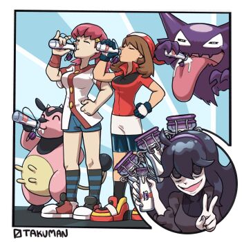 3girls absurdres ahoge artist_name bags_under_eyes bandana bike_shorts bike_shorts_under_skirt black_hair bottle breasts brown_hair buttons cow cup dress drinking_glass gen_1_pokemon gen_2_pokemon ghost glass_bottle gloves hair_ornament hairband hand_on_own_hip haunter hex_maniac_(pokemon) hex_maniac_(pokemon_xy) highres holding holding_bottle large_breasts long_dress long_hair may_(pokemon) medium_breasts messy_hair milk_bottle miltank moomoo_milk multiple_girls nintendo open_mouth otakuman pink_hair pokemon pokemon_(creature) pokemon_hgss pokemon_rse pokemon_xy purple_eyes purple_hair purple_hairband purple_nails red_bandana red_shirt shirt short_hair short_sleeves shorts socks striped_clothes striped_socks twintails udder very_long_hair whitney_(pokemon)