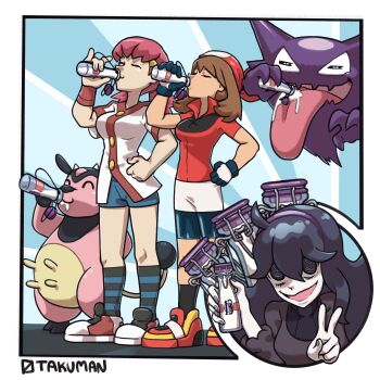 Rule 34 | 1girl, 3girls, absurdres, ahoge, artist name, bags under eyes, bandana, bike shorts, bike shorts under skirt, black hair, bottle, breasts, brown hair, buttons, cow, creatures (company), cup, dress, drinking glass, game freak, gen 1 pokemon, gen 2 pokemon, ghost, glass bottle, gloves, hair ornament, hairband, hand on own hip, haunter, hex maniac (pokemon), highres, holding glass bottle, long dress, long hair, may (pokemon), messy hair, milk bottle, miltank, moomoo milk, multiple girls, nintendo, open mouth, otakuman, pink hair, pokemon, pokemon (creature), pokemon hgss, pokemon rse, pokemon xy, purple eyes, purple hair, purple hairband, purple nails, red bandana, red shirt, shirt, short hair, short sleeves, shorts, socks, solo, striped clothes, striped socks, twintails, udder, very long hair, whitney (pokemon)