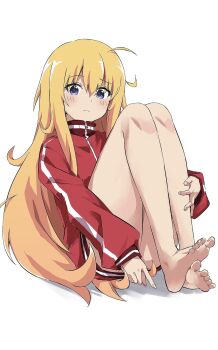 1girl as_buppa bare_legs barefoot blonde_hair blue_eyes blush closed_mouth convenient_censoring feet full_body gabriel_dropout gabriel_tenma_white hair_between_eyes hand_on_own_leg highres knees_up legs loli long_hair long_legs long_sleeves looking_at_viewer on_ground red_track_jacket shadow sidelocks simple_background sitting soles solo thighs toenails toes very_long_hair white_background