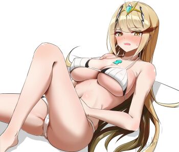 1girl artist_name bikini blonde_hair blush breasts chest_jewel commentary_request core_crystal_(xenoblade) gem green_gemstone hand_on_own_stomach highres kanuici336 kneehighs large_breasts long_hair looking_at_viewer lying mythra_(xenoblade) navel on_back open_mouth simple_background socks solo strap_gap string_bikini swimsuit tiara very_long_hair white_background white_bikini xenoblade_chronicles_(series) xenoblade_chronicles_2 yellow_eyes