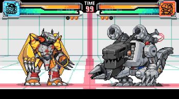 Rule 34 | armor, claw (weapon), digimon, digimon (creature), dragon, fighting game, gauntlets, green hair, haopanyo, health bar, helmet, mugendramon, non-humanoid robot, pixel art, red hair, robot, robot dragon, short hair, wargreymon, weapon, yellow armor