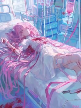 1girl arm_up bandaged_arm bandaged_leg bandages bed blood blood_on_arm blood_on_clothes blood_on_ground bloody_knife cardiogram hair_flowing_over hair_over_eyes highres hospital hospital_bed hospital_gown implied_self-harm injury intravenous_drip jiye_p1 knife leg_lift long_hair looking_at_viewer lying on_back on_bed original pill_hair_ornament pink_eyes pink_hair pink_ribbon ribbon short_twintails sidelighting solo twintails very_long_hair yami_kawaii