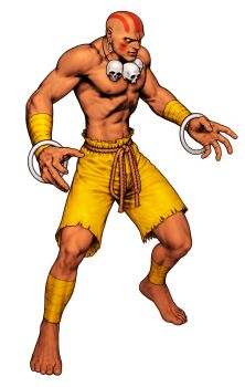 Rule 34 | 1boy, absurdres, bald, barefoot, bindi, capcom, capcom vs. snk 2, dark skin, dhalsim, earrings, facepaint, fighting stance, frown, game cg, highres, jewelry, leg wrap, male focus, mori toshiaki, necklace, no pupils, non-web source, official art, rope belt, skull necklace, smile, solo, street fighter, third-party source, v-shaped eyebrows, veins, veiny arms, white background, wrist wrap