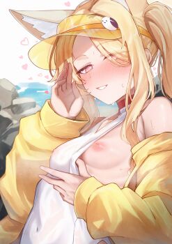 absurdres animal animal_ear_fluff animal_ears blonde_hair blue_archive blush breasts clothing_cutout covered_navel diamond_cutout dot_nose extra_ears flashing fox_ears fox_girl gradient_eyes grin hair_over_one_eye half-closed_eyes hands_up hat heart heart-shaped_pupils heavy_breathing highres jacket loli long_hair long_sidelocks long_sleeves looking_at_viewer multicolored_eyes nipple_slip nipples ocean off_shoulder official_alternate_costume oiru_(613) one-piece_swimsuit one_breast_out one_eye_covered outdoors puffy_sleeves pulling_own_clothes seaside seia_(blue_archive) seia_(swimsuit)_(blue_archive) side_ponytail sidelocks simple_background small_breasts smile solo sweat sweatdrop swimsuit symbol-shaped_pupils upper_body very_long_hair visor_cap white_background white_one-piece_swimsuit yellow_jacket yellow_visor