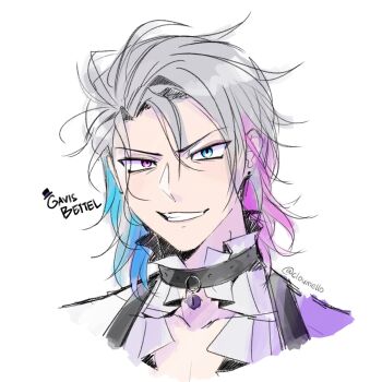 1boy artist_name black_collar blue_eyes character_name cloumello collar commentary cropped_head gavis_bettel grey_hair grin hair_between_eyes heterochromia highres holostars holostars_english looking_at_viewer male_focus multicolored_hair pink_eyes short_hair simple_background smile solo tsurime twitter_username v-shaped_eyebrows virtual_youtuber white_background