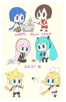 2021 2boys 4girls absurdres aqua_eyes aqua_hair aqua_neckwear arm_warmers bare_shoulders bike_shorts black_collar black_legwear black_shirt black_shorts black_skirt black_sleeves blonde_hair blue_eyes blue_hair blue_necktie blue_scarf bow brown_eyes brown_hair character_profile chibi coat collar commentary crop_top detached_sleeves flat_color food gold_trim grey_shirt hagoita hair_bow hair_ornament hairclip hane_(hanetsuki) hanetsuki happy_new_year hatsune_miku hatsune_negame headphones highres holding holding_string kagamine_len kagamine_rin kaito_(vocaloid) kine kite long_hair mallet megurine_luka meiko_(vocaloid) miniskirt mochi mortar_(bowl) multiple_boys multiple_girls neckerchief necktie new_year octopus paddle pink_hair playing_sports pleated_skirt ponytail red_shirt red_skirt sailor_collar scarf school_uniform shirt short_hair short_ponytail short_shorts short_sleeves shorts single_detached_sleeve sitting skirt sleeveless sleeveless_shirt spiked_hair spinning_top squatting standing string swept_bangs takoluka twintails very_long_hair vocaloid white_bow white_coat white_shirt wrist_cuffs yellow_background yellow_neckerchief