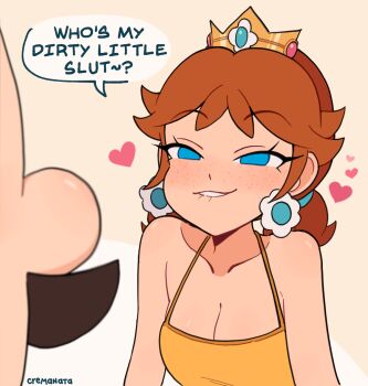 1girl bare_shoulders biting_own_lip blue_eyes breasts brown_hair cleavage commentary cremanata crown earrings english_commentary english_text facial_hair flower_earrings freckles heart jewelry luigi mario_(series) medium_hair mustache naughty_face nintendo orange_shirt princess_daisy seductive_smile shirt simple_background smile speech_bubble