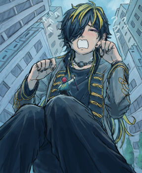 2boys aimono_jyushi black_hair black_nails blonde_hair blue_sky blurry blush building chain chain_necklace city cityscape closed_eyes cloud commentary_request crying deguchi_mao depth_of_field ear_piercing earrings eyeshadow flying_teardrops from_below furrowed_brow giant giant_male gold_trim hair_over_one_eye hands_up harai_kuko high_collar highres holding holding_staff hypnosis_mic jacket jewelry knees_together_feet_apart long_hair long_sleeves makeup male_focus multicolored_hair multiple_boys multiple_rings necklace open_clothes open_jacket open_mouth pants piercing pinky_ring purple_eyeshadow raised_inner_eyebrows red_hair ring shakujou short_hair sitting size_difference sky sleeve_cuffs sobbing solo_focus staff streaked_hair sukajan tears thumb_ring tree wavy_mouth window wiping_tears