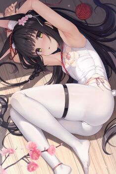 1girl animal_ear_fluff animal_ears armpit_focus armpits arms_up azur_lane black_hair braid breasts china_dress chinese_clothes clothing_cutout commentary_request dress extra_ears flower fox_ears fox_girl highres long_hair looking_at_viewer lying nagato_(azur_lane) nagato_(guardian_fox's_blessed_bonds)_(azur_lane) on_side open_mouth pantyhose presenting_armpit small_breasts solo thigh_strap very_long_hair white_dress white_pantyhose wooden_floor yarn yarn_ball yellow_eyes yuzu_modoki