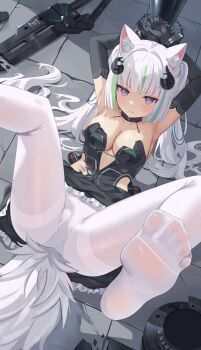 1girl absurdres animal_ears armpits arms_up black_collar black_dress black_gloves blue_eyes bound breasts cleavage clenched_teeth clothing_cutout collar commentary_request cuffed cuffs dirty dirty_clothes dress elbow_gloves feet gloves green_hair handcuffs highres large_breasts legs_up long_hair looking_at_viewer lying mirufuaa multicolored_eyes multicolored_hair original paid_reward_available pantyhose parted_lips pink_eyes side_cutout soles solo star-shaped_pupils star_(symbol) streaked_hair symbol-shaped_pupils tail teeth thighband_pantyhose toes torn_clothes torn_dress two-tone_eyes white_hair white_pantyhose