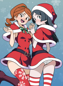 2girls ass barbara_parker black_hair blue_eyes blush bow bowtie breasts brown_eyes brown_hair christmas closed_mouth hanna_england harukadew hat little_witch_academia long_hair looking_at_viewer microskirt multiple_girls open_mouth panties ponytail red_thighhighs santa_costume santa_hat simple_background skirt small_breasts smile snowflake_background striped_bow striped_bowtie striped_clothes striped_thighhighs thighhighs underwear white_panties