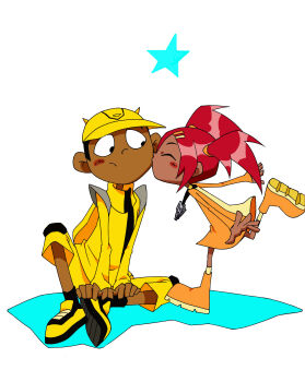 1boy 1girl absurdres artist_request autobot blush boots bumblebee_(transformers) closed_eyes couple dark_skin hat highres horns key kiss long_sleeves orange_boots personification red_hair sari_sumdac shoe_soles simple_background sitting star_(symbol) transformers transformers_animated twintails